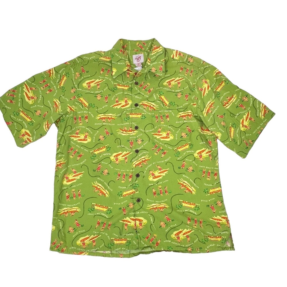 Trader Joe's Reyn Spooner Large 2007 Employee Green Hawaiian Shirt Luau Hula